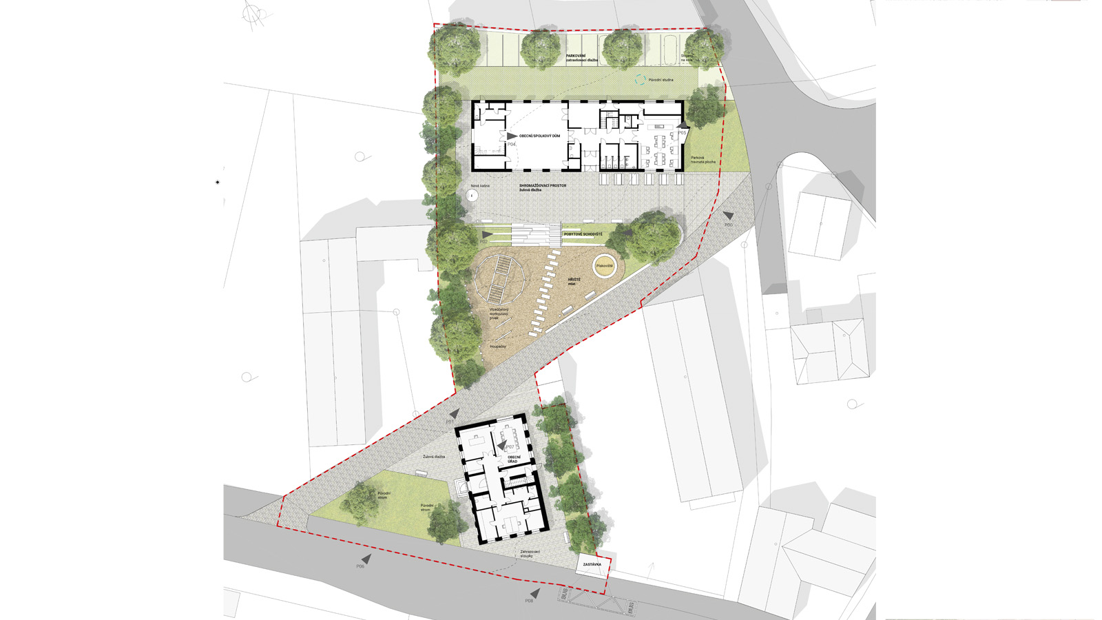 (10, 6, 'Interier_02.jpg', 'Kulturní dům', 'Zadáním soutěže bylo vytvoření nového centra vesnice s budovami kulturního/obecního domu a altánu. Současná poloha Obecního domu, tvar pozemku a jeho ohraničení komunikacemi nebylo ideální pro vytvoření nové návsi a zajištění dostatečného funkčního propojení. Proto se v návrhu uvažuje o rozdělení programu Obecního domu na program úřední (Obecní úřad) a společenský (hospoda se sálem) a umístit je do dvou samostatných budov. Obecní úřad je ponechán v budově bývalé Obecní školy. Hospoda se sálem je přesunuta do novostavby v severní části návsi, do místa, kde stával nyní již zdemolovaný historický statek. Budovy spolu komunikují a vzniká tak mezi nimi jasně definovaný prostor návsi jako společenského, kulturního a volnočasového centra obce. Přesunutím hospody a sálu dále od rušné silnice dodává společenskému životu obce doslova nový dech a zaručuje mnohem reprezentativnější prostředí. Vydlážděné okolí objektu nabízí dostatek prostoru pro konání společenských a kulturních akcí všeho druhu. V případě potřeby se mohou hospoda, sál a vydlážděný předprostor spojit v jeden fluidní funkční celek. Objekt Obecního úřadu očišťujeme od přístaveb. Tím získáváme nový průchod kolem východní fasády a přístup na náves přímo od autobusové zastávky. Architektura samotného společenského domu je jednoduchá navazující na archetyp venkovských domů. Tradiční dům se sedlovou střechou se nijak nesnaží na sebe upoutat pozornost. Pouze čtvercové okno, které jakoby procházelo skrze celý dům dává na sebe upozornit, že se jedná o současnou architekturu. Zbylý historický objekt je očištěn od přístaveb, tak aby vynikla estetika eklektického domu.', 'AS', 'Helena Sosnová, Anna Schneiderová', 'Stránecká Zhoř', '2023', 'Architektonická soutěž', None)