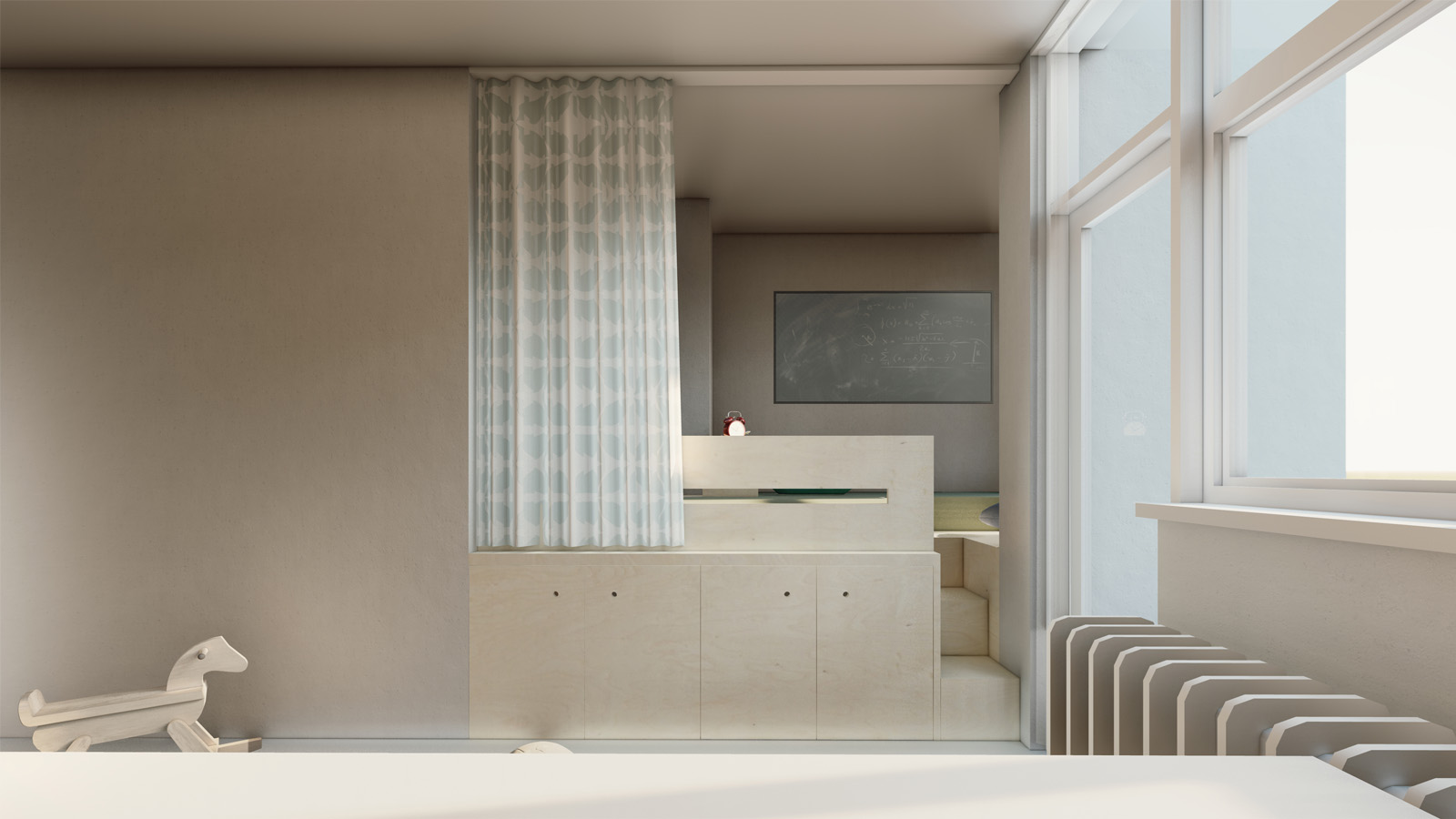 (13, 6, 'Pudorys.jpg', 'Dětský pokojíček', 'Tvarově složitý a nepravidelně členěný bývalý pokoj pro služku ve starší pražské zástavbě chtěla mladá rodina upravit na pokojíček pro dvě malé děti. Navržený společný prostor je rozdělen na spací koutek s úložným prostorem a obdélníkový prostor, který je snadno zařiditelný a do budoucna variabilní.  Spací koutek lze jednoduše oddělit zatažitelnou zástěnou na dvě části se zachováním optického i světelného soukromí. S pomocí jednoduché dřevěné konstrukce, opláštěné březovou překližkou se docílilo i dostatečného úložního prostoru.', 'I', 'Helena Sosnová', 'Praha', '2025', 'Realizace', None)