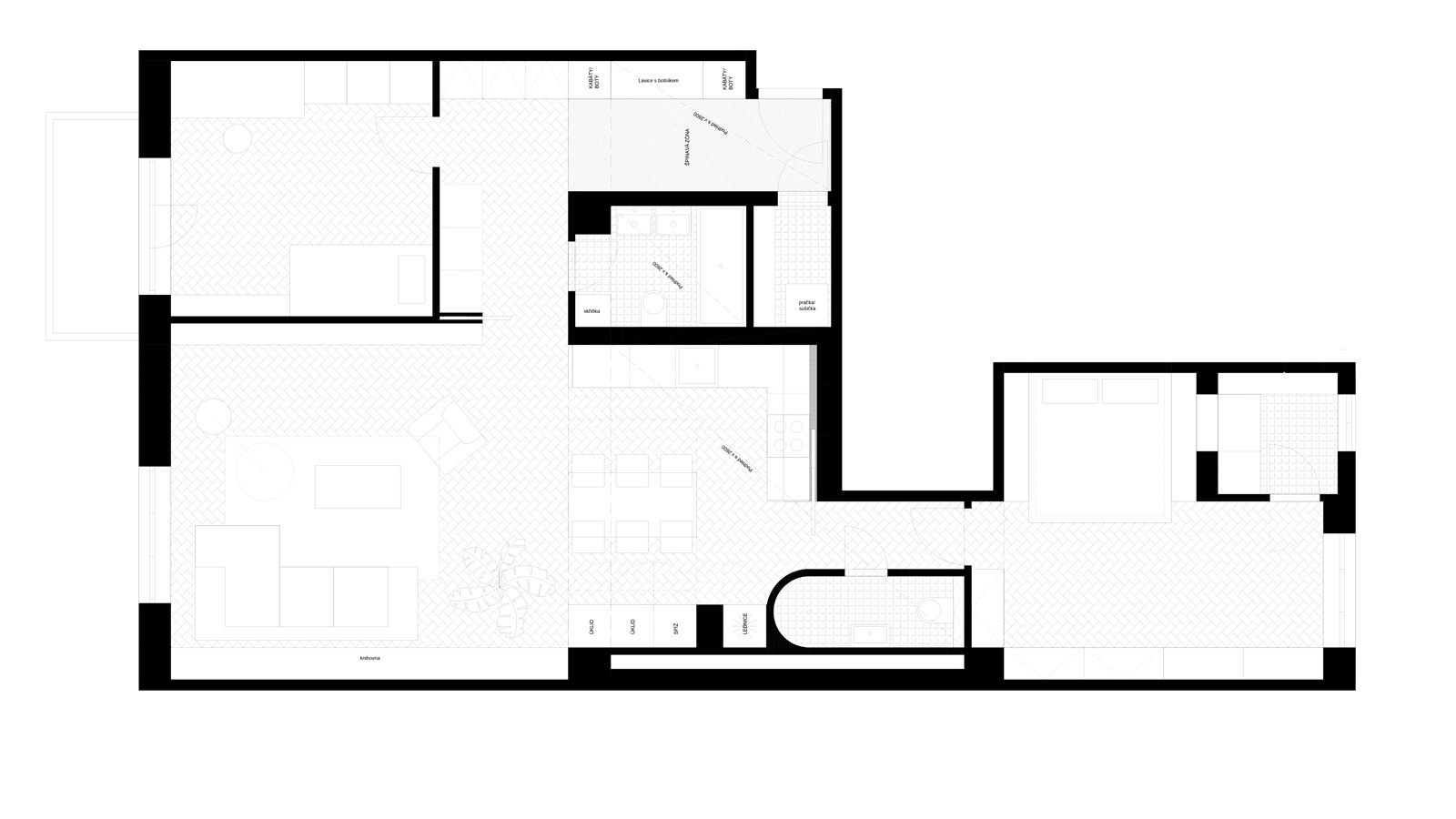 (15, 6, 'Pudorys_01.jpg', 'Přestavba bytu', 'Zadáním návrhu byla rekonstrukce bytu v žádané pražské čtvrti. Byt z 30. let minulého století měl velkou výhodu ve svém nosném systému. Železobetonový skeletový systém umožňoval odstranit stávající příčky a dispozici uzpůsobit potřebám 21. století. Základem návrhu se stal požadavek na snadnou proměnu bytu z velkorysého 2kk na 3kk, pro potřeby budoucí rodiny. Orientace bytu sever/jih, pozice oken a rozložení obytných a ložnicových prostor definovala rozložení celého bytu. Zbylé prostory byly věnovány zázemí bytu. Veškeré zázemí je rámováno mezi betonové průvlaky a sloupy a je barevně tónováno do šedých odstínů, tak aby vyniklo umění a osobní předměty majitele. Původní kvalitní prvky, jako jsou dveře, kování a parkety byly znovu použity, tak aby nezmizela historická stopa architektury 30. let. Barevná střídmost interiéru byla narušena výraznými barvami v zázemí bytu.', 'A', 'Helena Sosnová', 'Praha', '2025', 'Architektonická studie', None)
