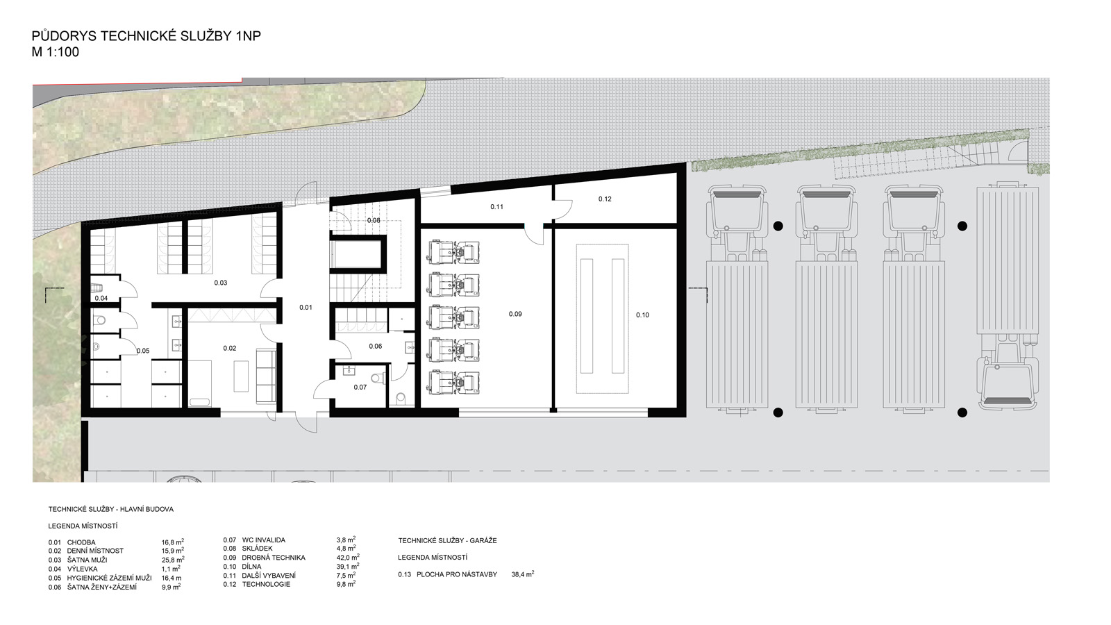 (16, 6, '06.jpg', 'Sběrný dvůr a technické služby', 'Návrh stavby vychází z principů jednoduchosti, trvanlivosti a citlivého zapojení do prostředí. Celý program byl fragmentován do více hmot, aby se lépe začlenil do struktury okolních rodinných domů. Hlavní osa řešení ctí veřejný prostor obce, zatímco jednotlivé domy ustupují do pozadí. Areál zahrnuje kromě sběrného dvora také re-use centrum a komunitní šatník, které rozšiřují funkci místa směrem k veřejnosti a oživují prostor Lidické ulice. Architektonické řešení pracuje s dvojicí rovnoběžných hmot, které sloužíjako parkovací přístřešky, a s nárožní částí se šatnami, administrativou a byty. Dispozice je prostorově bohatá, doplněná o zasedací místnost s výhledem. Lineární provozní schéma sběrného dvora umožňuje jasný a přehledný pohyb – od vjezdu přes rampu až po výjezd. Vstupy do re-use centra, kavárny a komunitního šatníku jsou orientovány do ulice a podporují sociální interakci. Materiálově se návrh opírá o betonové tvárnice s integrovanou izolací, které zajišťují odolnost vůči náročnému provozu. Veškeré vodorovné konstrukce jsou betonové, což přispívá k dlouhé životnosti stavby. Ekologický aspekt je posílen vegetačními střechami s mocností až 100 cm, které dokáží zadržet značné množství dešťové vody a eliminovat vznik tepelného ostrova. Energetická koncepce počítá s tepelnými čerpadly, solární elektrárnou a rekuperací vzduchu. Celé řešení tak spojuje robustnost a praktičnost s ohledem k udržitelnosti a kvalitě veřejného prostoru.', 'S', 'Helena Sosnová, Vojtěch Sosna', 'Praha Letná', '2025', 'Architektonická soutěž', None)