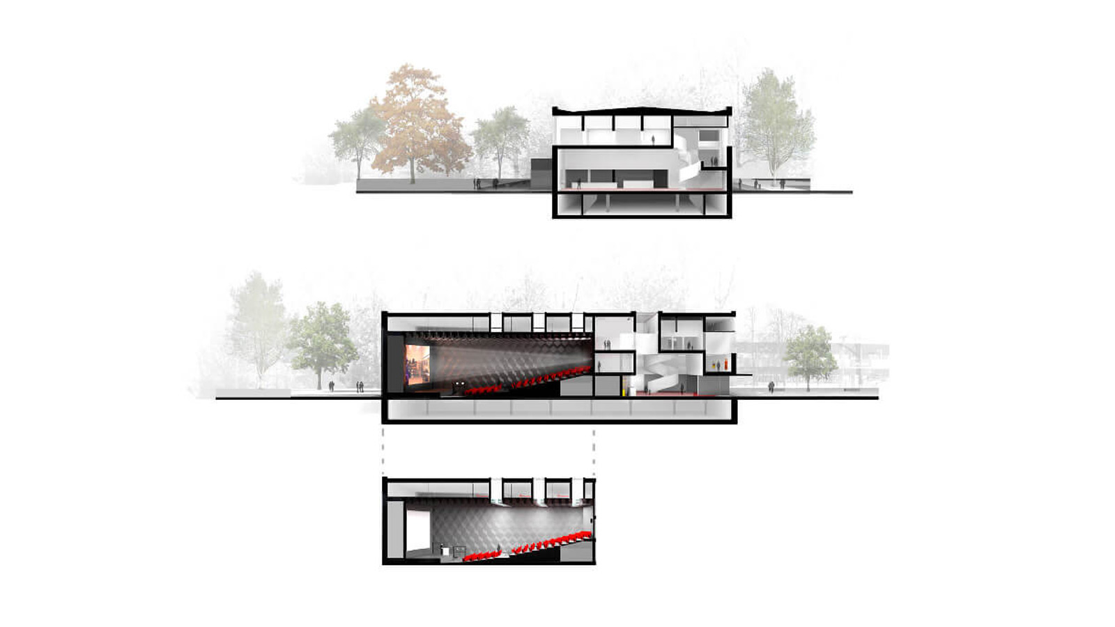(3, 6, 'Pudorys.jpg', 'Návrh kina', 'Současná architektura a statické řešení objektu velmi podmiňuje řešení budoucí. Přestavba v maximální míře zachovává nosnou a výplňovou konstrukci obvodových stěn. Toto řešení je úsporné jak ekonomicky, tak z hlediska šetrnosti ke statice objektu. Akcentuje několik původně použitých architektonických principů, které jsou pro dům zcela zásadní a příznačné. Lapidárnost původního řešení spočívající v jednoduchém kvádru, který je narušen jen hmotami zavěšených schodišť, návrh recykluje a zdůrazňuje. Nový přístup do sálu je řešen prostřednictvím bezbariérové rampy. Ta je přistavěna k jihozápadní straně objektu do nejfrekventovanější ulice. Návštěvníci po ní kráčející tak vytvářejí téměř divadelní představení pro kolemjdoucí chodce. Tato transparentnost rampy navíc napovídá, že se jedná o veřejný objekt. Dalším původně užitým kompozičním principem je velmi přísná symetrie. Ta dodává stavbám vážnost, ale zároveň je poněkud triviální. Proto ji záměrně, přesto velmi jemně narušujeme asymetrickým použitím rampy pouze na jedné z bočních fasád. Tato nuance dodá jednoduchému kvádru na zábavnosti a navíc je výhodná z provozního hlediska, kdy jen jedna strana vstupního foyer je průchozí. Rozměry kinosálu zůstávají nezměněny, díky použití přístavby rampy neitervenujeme do konstrukce podlahy sálu ani jeho stupňovitosti – vyjma střední části, kde jedna řada sedadel je zrušena a nově určena pro uličku a vozíčkáře. Razantně se však mění provozní schema pohybu návštěvníků v objektu. Do čela budovy je vestavěna konstrukce vytvářející prostorově velmi bohaté foyer s kavárnou, galerií, dětským koutkem a víceúčelovým prostorem, který lze snadno využít pro komunitní účely, kroužky, výstavy apod. Vstupní foyer má velmi těsnou vazbu na nově řešený prostor před kinem, zasklení umožňuje jeho úplně otevření do náměstí. Umístění kavárny do přízemí objektu dokáže jednak oživit náměstí a zároveň – ve srovnání se současným umístěním v patře – přitáhnout daleko více návštěvníků. Živý parter objektu totiž vytváří i živé město a to je zejména v sídlištní krajině více než žádoucí, protože živé město velmi úzce souvisí s bezpečností místa a vnímáním místa veřejností.', 'AS', 'Helena Sosnová (Suchá), Vojtěch Sosna, Karel Filsak, Jakub Straka, Anna Schneiderová, Jakub Straka, Jáchym Svoboda, ', 'Frýdek Místek', '2015', 'Architektonická soutěž', None)
